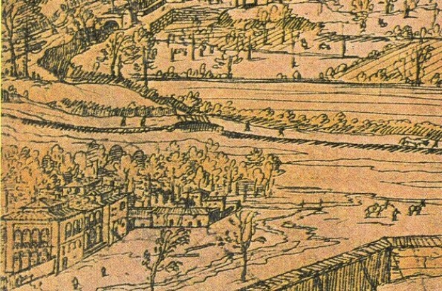 Eine detaillierte Zeichnung einer Stadt mit einem gewundenen Fluss, umgeben von saftig grünen Bäumen und hohen Gebäuden, die eine friedliche Atmosphäre vermitteln.