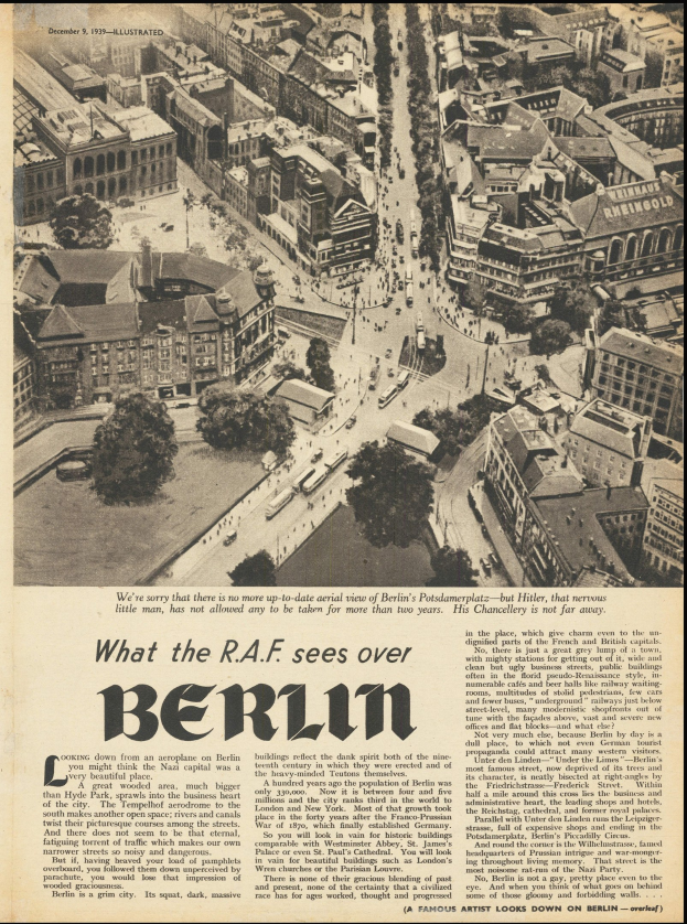 Schwarz-weißes Zeitungsfoto, das eine Stadtlandschaft mit Gebäuden, Bäumen und Fahrzeugen zeigt und von Text begleitet wird.