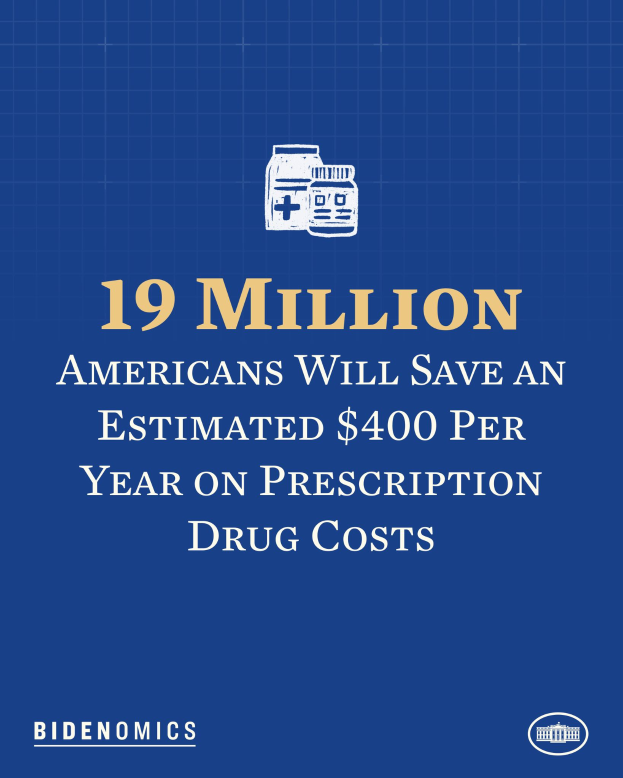 Ein blauer Hintergrund mit weißer Schrift und einem Logo, auf dem steht: "19 Millionen Amerikaner sparen geschätzt 400 Dollar pro Jahr an Arzneimittelkosten."