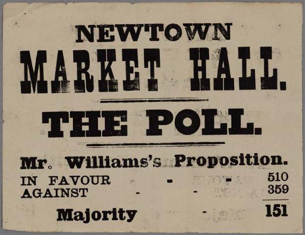 Papier mit handgeschriebener Textzeile "Newtown Market Hall, die Wahl, Mr. Williams' Vorschlag für gegen Mehrheit."