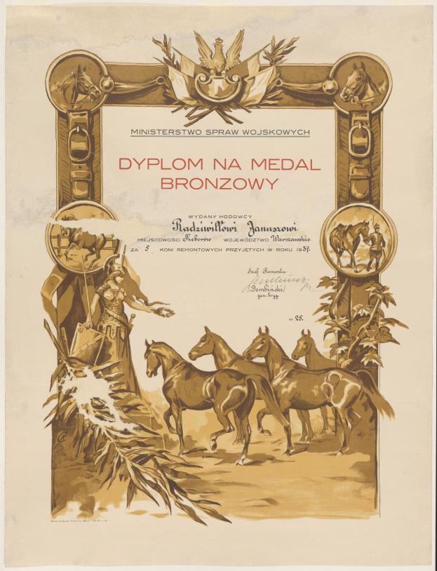 Ein Plakat, das eine Gruppe von Pferden zeigt, die in einem Feld unter einem Sonnenuntergang laufen, mit dem Text "Dyplom na Medal Bronzowy", der wahrscheinlich eine Medaillenverleihung ankündigt.