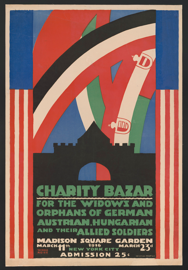 Ein Plakat für einen Charity Basar zugunsten der Witwen und Waisen von Soldaten verschiedener Nationen, mit Text zu den Veranstaltungseinzelheiten.
