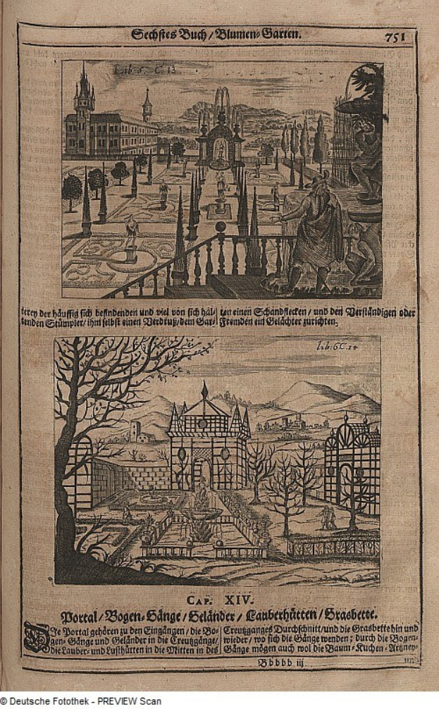 Offenes Buch mit einer detaillierten Stadtansicht auf seinen Seiten, begleitet von Text und kleineren Bildern.