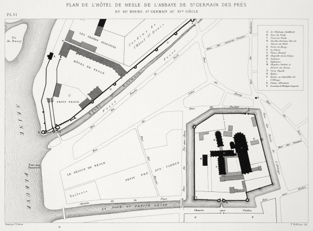 Eine Schwarz-Weiß-Karte einer Stadt mit einem zentralen Gebäude und beschreibendem Text.