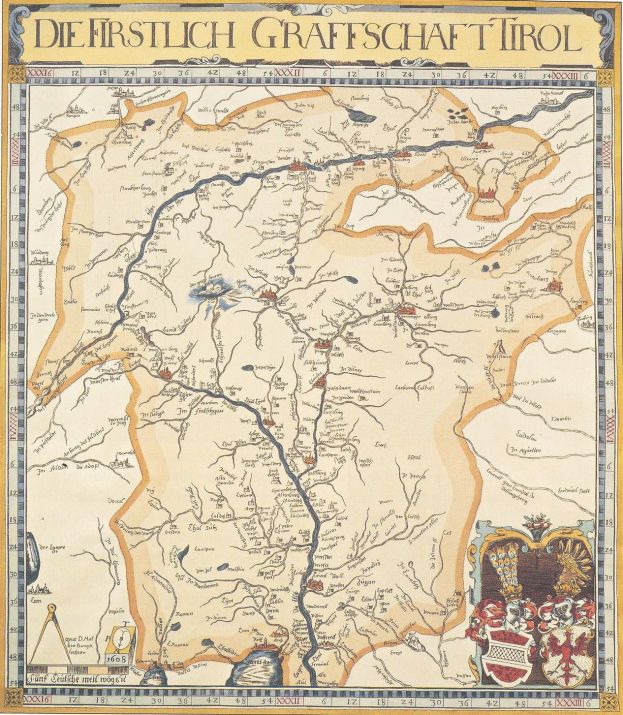 Ein detailliertes Plakat der ersten deutschen Grafschaft Tirol-Karte, das geographische Merkmale wie Flüsse, Berge und Städte zeigt, mit begleitendem Text über die Region und ihre Einwohner.