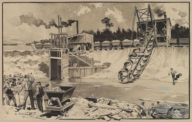 Eine Schwarz-Weiß-Zeichnung einer Gruppe von Menschen, die an einer Baustelle mit einem Kran, Bäumen und einem bewölkten Himmel arbeiten, beschriftet mit "1890-1891 Kohlegrube in New South Wales".