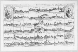 Eine Schwarz-Weiß-Zeichnung von Köln, Deutschland, mit zahlreichen Gebäuden, begleitet von Text und zusätzlichen Bildern, die die Geschichte der Stadt dokumentieren.
