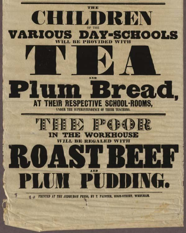 Ein Blatt mit der Aufschrift "Die Kinder der verschiedenen Tagesschulen werden mit Tee, Pflaumenbrot und Rinderbraten sowie Pflaumenpudding versorgt."