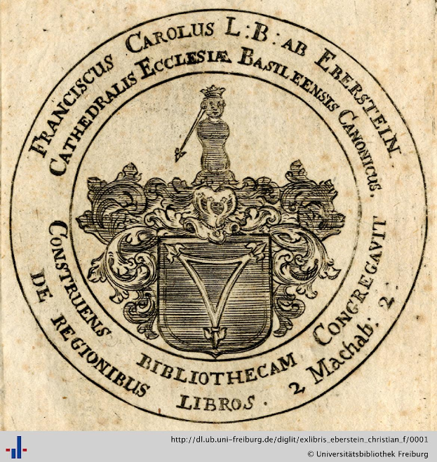 Altes Buch mit einem Wappen, das einen Schild mit einer Krone darauf zeigt, umgeben von einem Lorbeerkranz und einem Banner mit der Aufschrift "Bibliothek", und dem Wort "Bibliotheken" darunter.