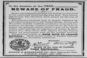 Ein Schwarz-Weiß-Plakat mit einer Betrugswarnung, das den Text 'Carlsbad Spruud Salt' und ein Firmenlogo zeigt.