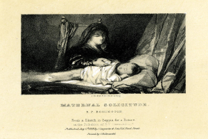 Eine Frau in einem weißen Kleid sitzt auf einem Bett und hält ein Baby nah an ihrer Brust, während das Baby zufrieden zu ihr hochschaut; das Bild trägt den Titel "Maternal Solitude" von R.P. Bonington.