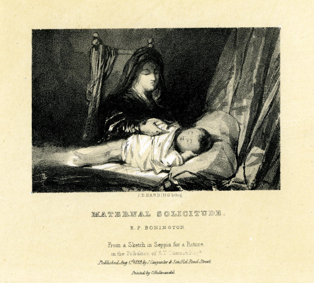 Eine Frau in einem weißen Kleid sitzt auf einem Bett und hält ein Baby nah an ihrer Brust, während das Baby zufrieden zu ihr hochschaut; das Bild trägt den Titel "Maternal Solitude" von R.P. Bonington.