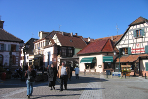 Gruppe von Menschen, die eine Kopfsteinpflasterstraße in einem Stadtplatz mit Gebäuden, Laternen, Schildern, Pflanzen, Fahrzeugen und sichtbarem Himmel im Hintergrund entlanggehen.