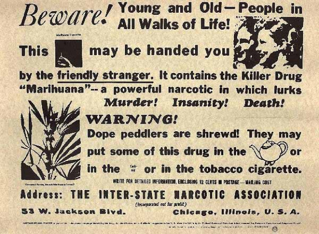 Schwarz-weiß-Anzeige in einer Zeitung für die Inter-State Narcotic Association mit einem Mann und einer Frau, mit der Warnungstext "Vorsicht, jung und alt in allen Lebensbereichen".