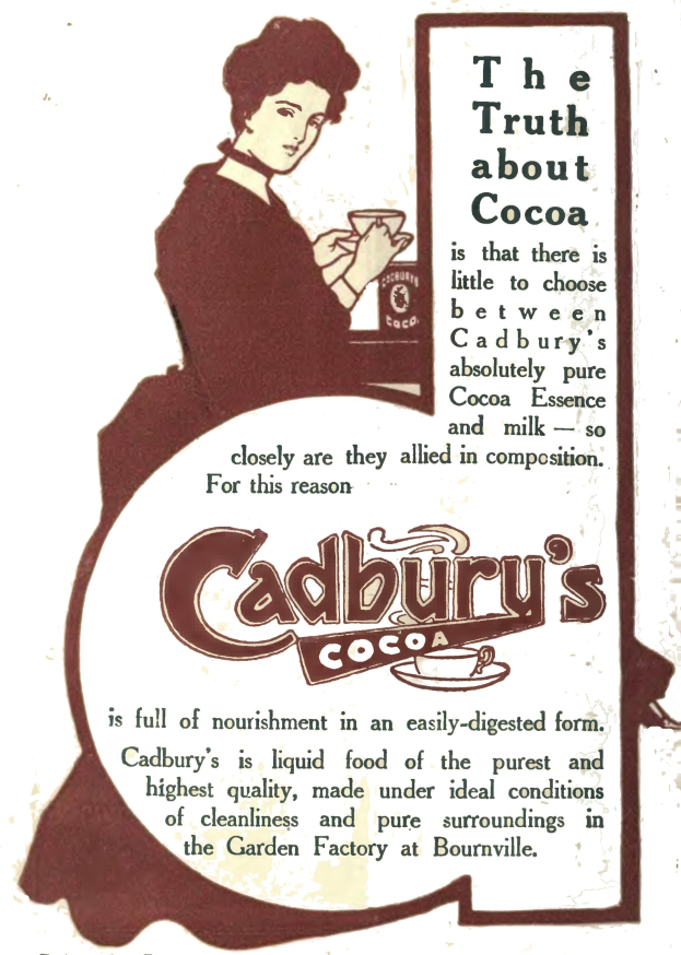 Werbung für Cadbury's Kakao mit einer Frau, die eine Tasse Kakao hält, und Werbetext.