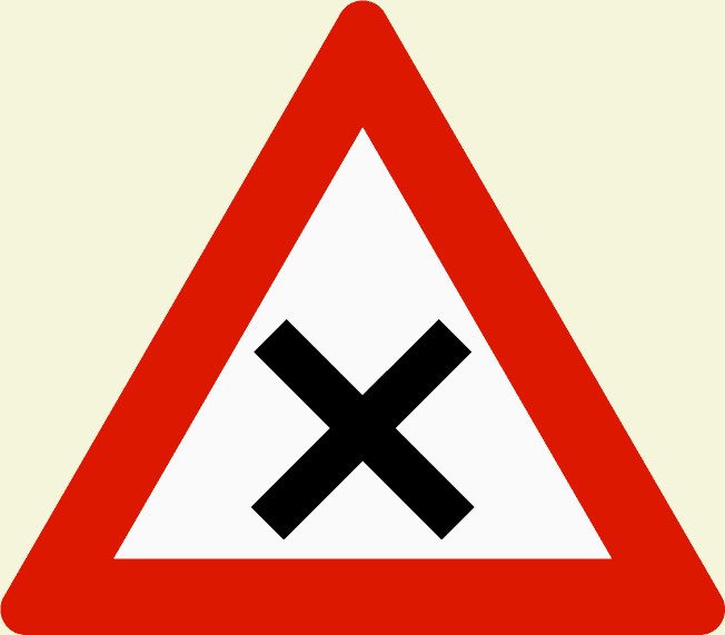 Rote und weiße dreieckige Warnstraße mit einem schwarzen Kreuz, das eine potentielle Straßenüberquerungsgefahr anzeigt.