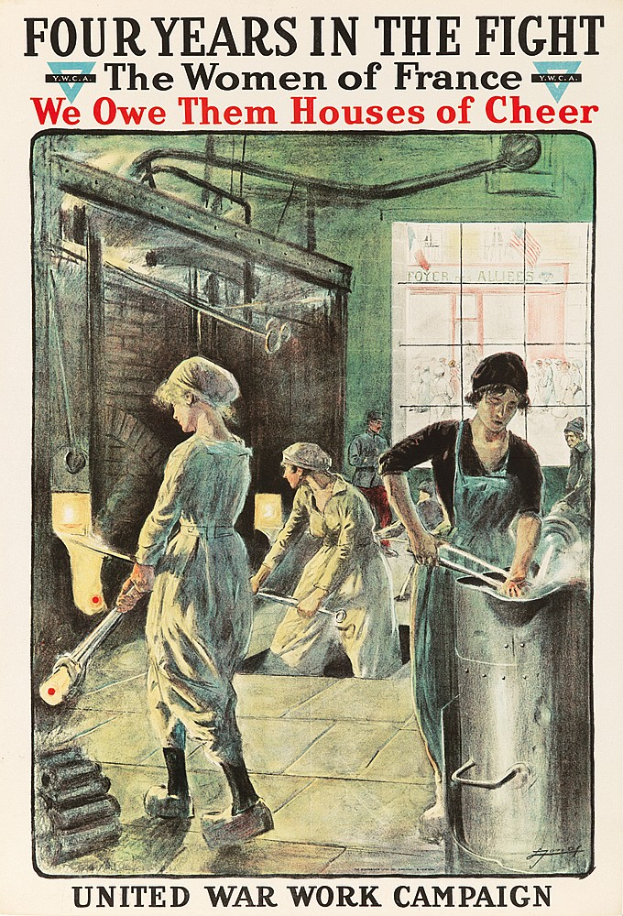 Ein Plakat mit vier entschlossenen Frauen, die in einer Reihe stehen, und dem Text "Wir schulden ihnen Häuser der Freude" oben drauf, symbolisiert die Stärke und Resilienz der Frauen Frankreichs.