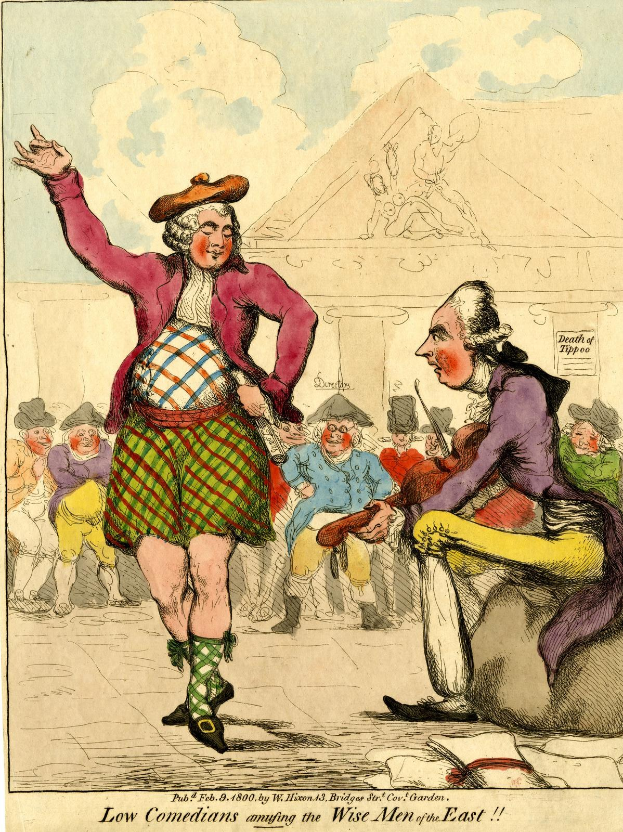 Karikatur eines Mannes in einem Kilt und einer Frau in einem Kleid, die vor einem Publikum auf einem Gebäude spielen, mit Text unten, der 'Niedrige Komiker, die die weisen Männer des Ostens unterhalten' liest.