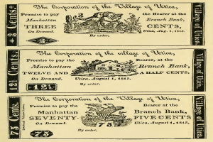 Ein altes Buch, das eine Bank bewirbt, mit einem Mann und einer Frau darauf, die entschlossen nebeneinander stehen, mit dem Text "Bank" und Zahlen, die den erhaltenen Geldbetrag anzeigen.