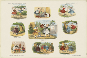 Ein Kinderbuch mit Bildern von Kindern, die im Park spielen, umgeben von Bäumen und Gegenständen, mit begleitendem Text.