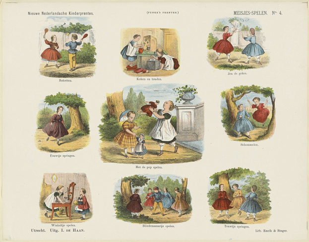 Ein Kinderbuch mit Bildern von Kindern, die im Park spielen, umgeben von Bäumen und Gegenständen, mit begleitendem Text.