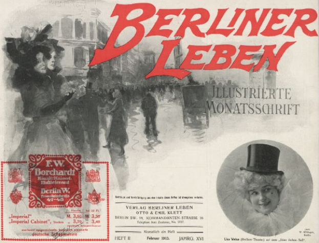 Eine Frau in einem Zylinderhut und ein Mann in einem Anzug sind auf einem Plakat für das Berliner Leben Theater zu sehen, mit Text, einem Stempel und Gebäuden im Hintergrund.