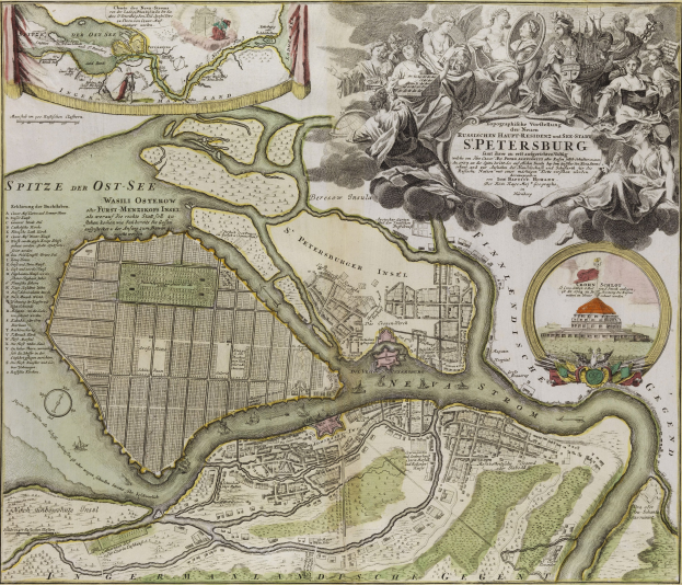 Ein detaillierter Stadtplan von Spettersburg, Deutschland, mit Straßen, Gebäuden, Sehenswürdigkeiten und Bildern von Menschen sowie begleitendem Text mit Städtenamen und Grenzen.