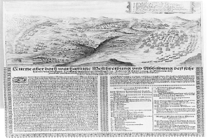 Ein altes Buch mit einer 16. Jahrhundert Schwarz-Weiß-Karte von Heidelberg, Deutschland, mit umgebendem Text.