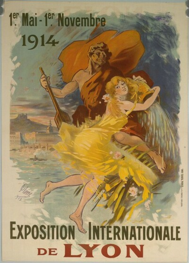 Ein Vintage-Plakat, das die Internationale Ausstellung von Lyon 1914 ankündigt, mit einem Mann mit einem Stock und einer Frau mit einem Schirm, zusammen mit den Ereignisdetails.