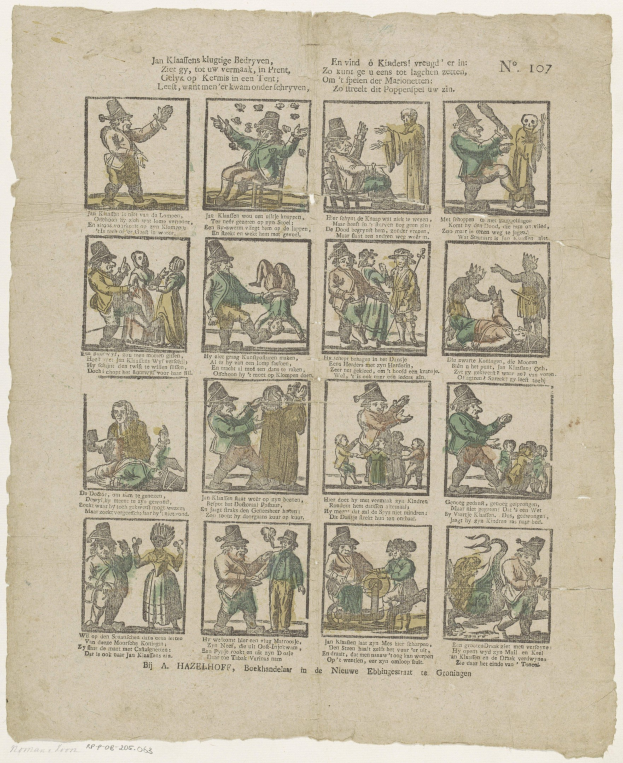 Eine Buchseite mit einer Zeichnung eines verzweifelten Mannes in Hut und Frau in Kleid mittendrin in einem Streit, umgeben von Text und kleineren Bildern.