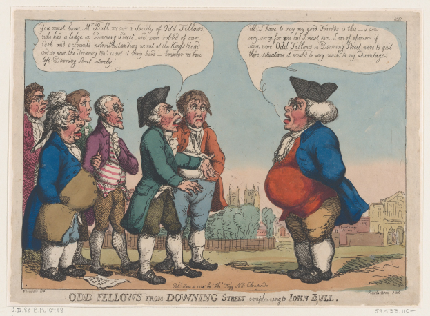 Cartoon-Illustration einer Gruppe von Menschen vor einem Gebäude, Bäumen und einem Himmel mit Text unten, der 'odd fellows from downing street complaining to John Bull' lautet.