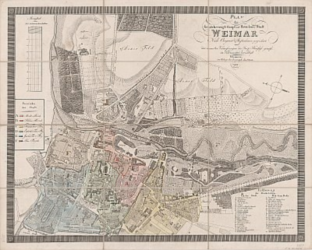 Ein detaillierter alter Stadtplan von Weimar, Deutschland, der Straßen, Gebäude, Sehenswürdigkeiten und Text mit Informationen über die Bevölkerung und bekannte Orte zeigt.