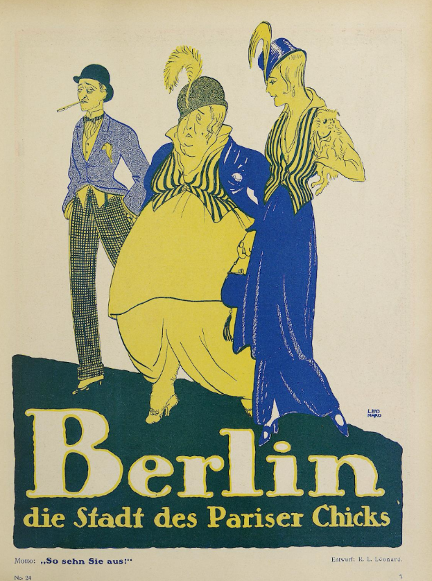 Ein Plakat, das ein Konzert in Berlin, Deutschland, ankündigt, mit einer Gruppe farblich gekleideter Menschen vor einem Gebäude mit der Aufschrift 'Berlin - Die Stadt des Pariser Chicks' oben.