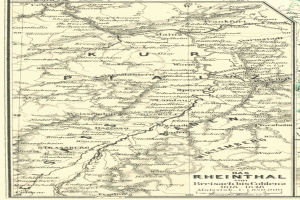 Ein detaillierter alter Plan des Rheins in Deutschland, der Flüsse, Städte und Gewässer zeigt, mit beschreibendem Text oben und unten.