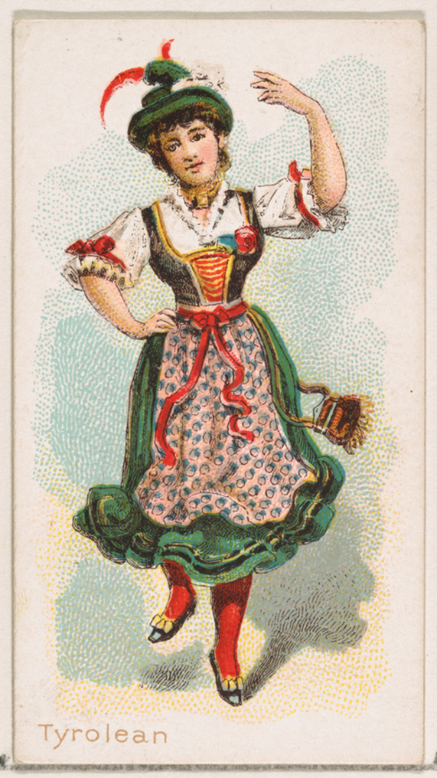 Eine Frau in einem hellblauen traditionellen deutschen Kleid mit weißem Kragen, Schürze und Haarknoten tanzt fröhlich mit ausgestreckten Armen vor einem hellgelben Hintergrund.