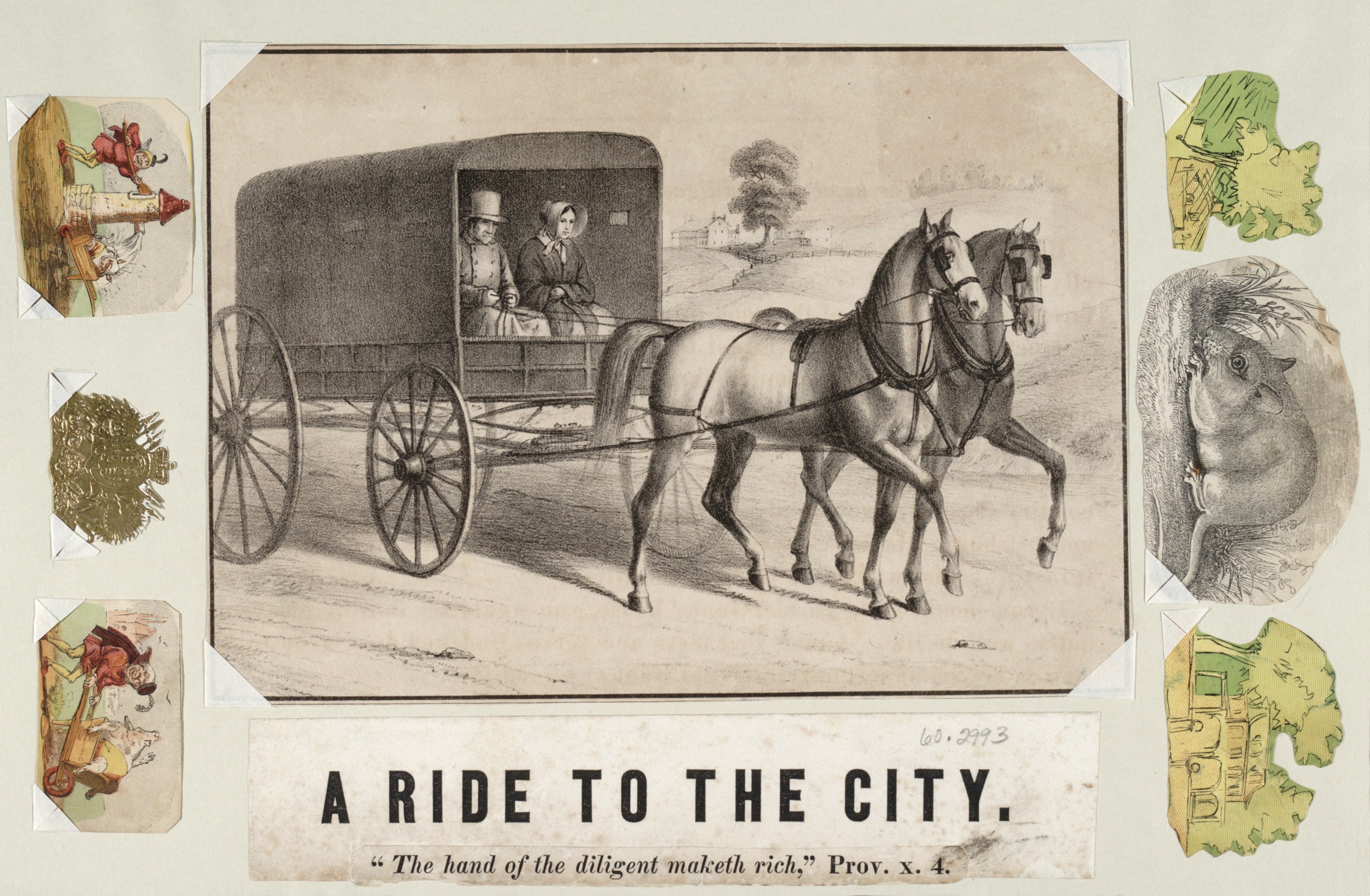 Pferdewagen mit zwei Passagieren, umgeben von Bäumen, mit Text "eine Fahrt in die Stadt" unten.