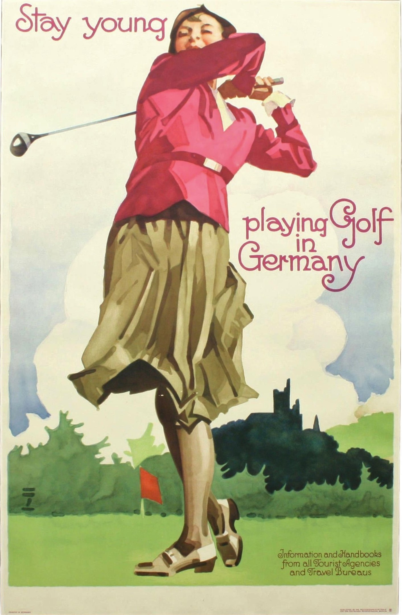 Ein Plakat einer Frau mit einem Golfschläger in der Hand und einer Flagge sowie Bäumen im Hintergrund, mit Text über einen Golfplatz in Deutschland.