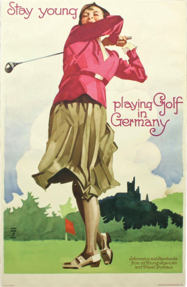 Ein Plakat einer Frau mit einem Golfschläger in der Hand und einer Flagge sowie Bäumen im Hintergrund, mit Text über einen Golfplatz in Deutschland.