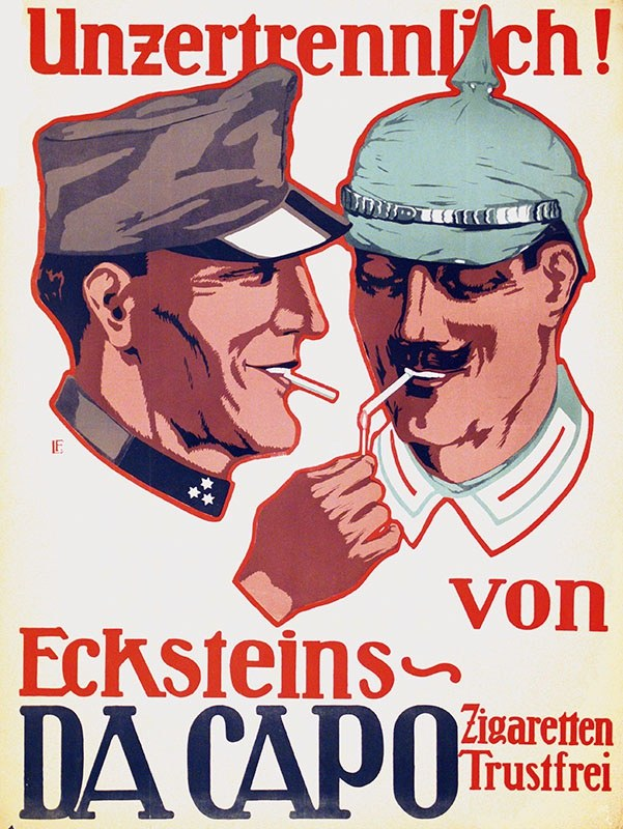 Deutsches Propagandaplakat mit zwei Männern in Mützen und Zigarettenrauch mit Text darunter.