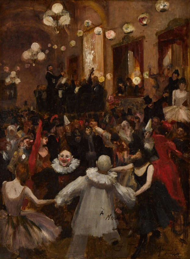 Painting of people dancing in a ballroom with a chandelier, curtains, and a clown at the center.