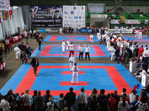 Eine Gruppe von Menschen steht auf einer blauen und roten Judo-Matte, umgeben von Zuschauern, mit Tischen, Bannern und Fahnen im Hintergrund bei den 7. World Shotokan Championships in Polen.