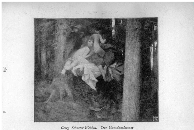 Ein Schwarz-Weiß-Foto eines Mannes und einer Frau in inniger Umarmung in einem üppigen Wald, mit dem Text "Georg Schuster-Woldan - Der Menschenfresser" unten.