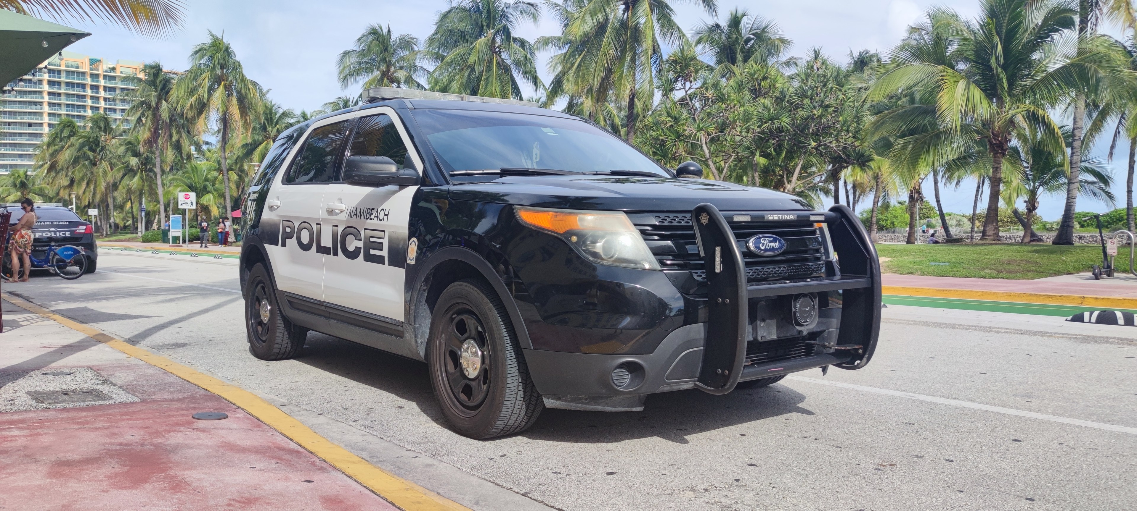 Ein Polizeiwagen am Straßenrand mit Menschen, Fahrrädern, Gras, Bäumen, Gebäuden und einem klaren blauen Himmel im Hintergrund.