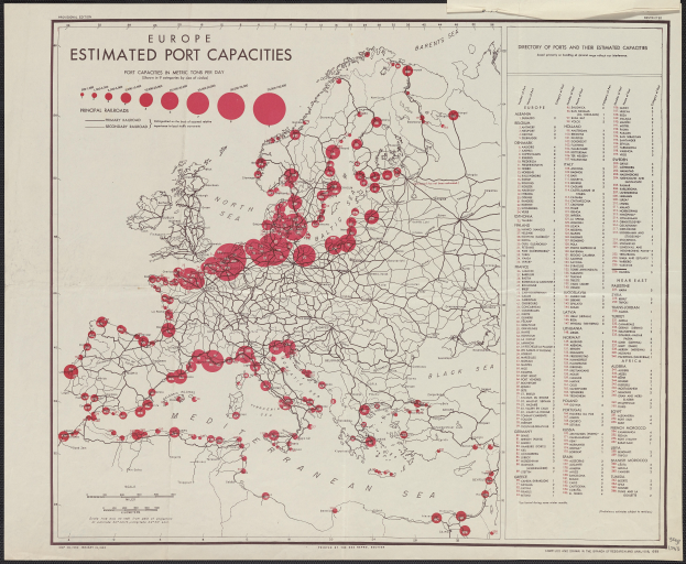 Ein gerahmtes Europa-Karte mit roten Punkten, die die geschätzten Hafenkapazitäten markieren.