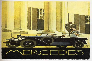 Vintage-Plakat aus den 1920er-Jahren von Mercedes-Benz mit einem klassischen Auto vor einem modernen Glasgebäude mit zwei Personen im Auto und schwarzer, fetter Schrift, die 'Mercedes-Benz' am unteren Rand liest.