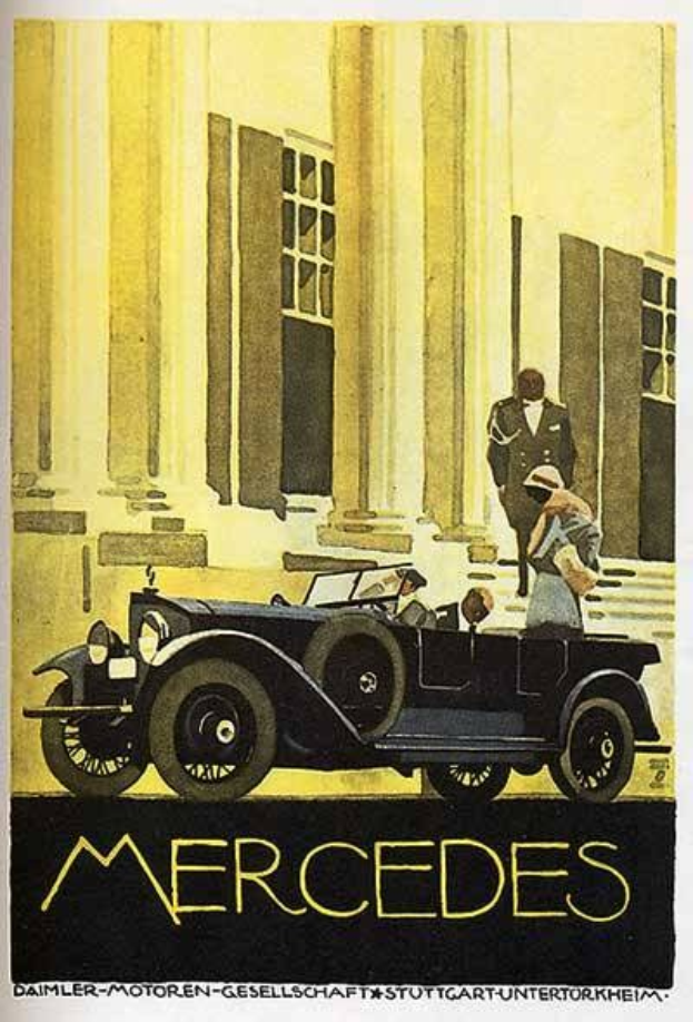 Vintage-Plakat aus den 1920er-Jahren von Mercedes-Benz mit einem klassischen Auto vor einem modernen Glasgebäude mit zwei Personen im Auto und schwarzer, fetter Schrift, die 'Mercedes-Benz' am unteren Rand liest.