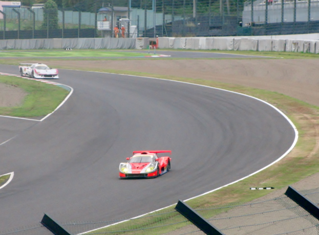 Zwei Sportwagen auf einer Rennstrecke umgeben von Gras, Zaun, Pfosten, Bäumen und Gebäuden.