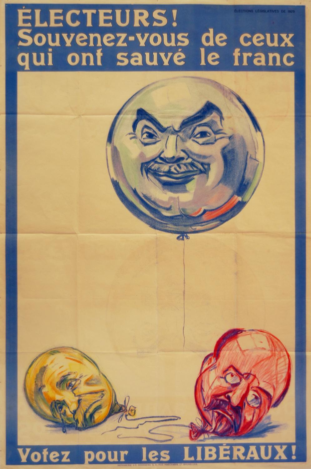 Ein französisches Wahlplakat aus den 1920er Jahren mit dem Konterfei eines Mannes, der einen Ballon hält, und der Aufforderung an die Wähler, sich derer zu erinnern, die Frankreich gerettet haben, Bezug nehmend auf die Französische Revolution und die Bedeutung des Wählens für die Freiheit.