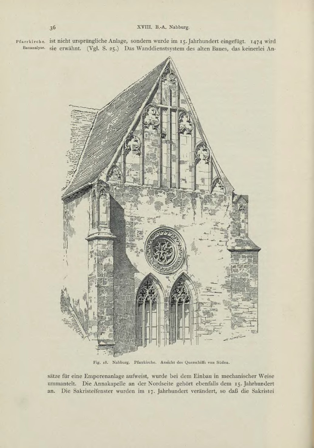 Ein detailliertes Bild einer Kirche mit sichtbaren Fenstern, Bögen und Dach auf dem Cover eines alten Buches, begleitet von Text.