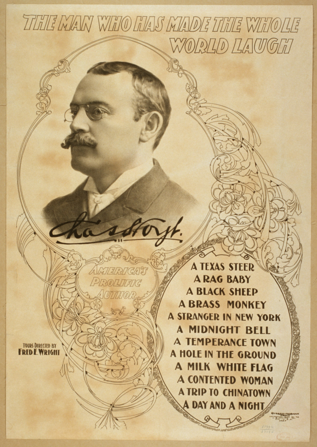 Ein Plakat mit einem ernsten Mann mit Schnurrbart, Brille und Anzug, mit der Aufschrift "Der Mann, der die ganze Welt zum Lachen gebracht hat" oben.